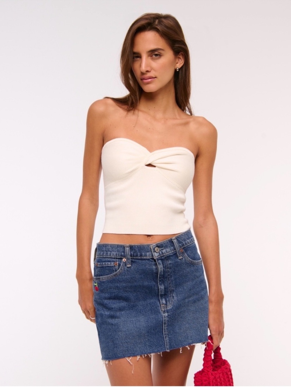 Abercrombie Curve Love Mid Rise Denim Mini Skirt, Medium Cherry Embroidery Sz 31